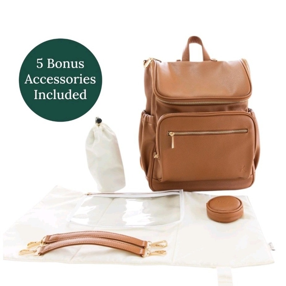 Kovale Collective Tan Vegan Leather Diaper Bag Backpack with 5 Accessories New - Picture 3 of 16